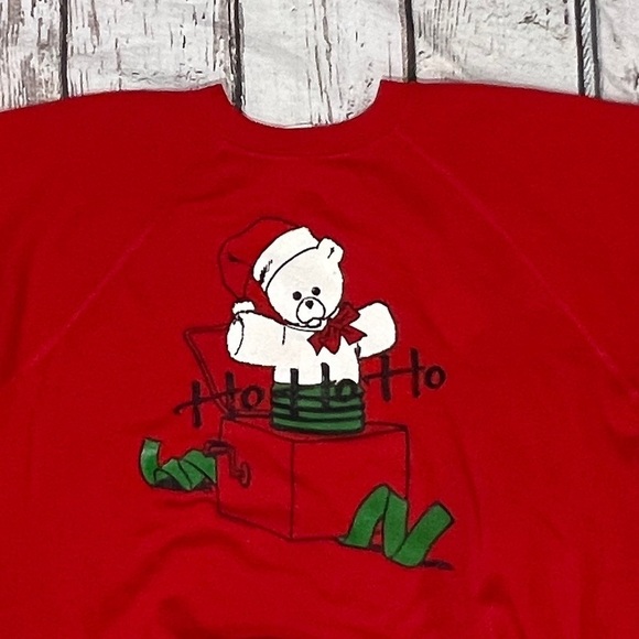 Vintage 1980s Christmas Bear Ho Ho Ho Ugly Sweater 80s Crewneck Sweatshirt XL - Picture 2 of 3